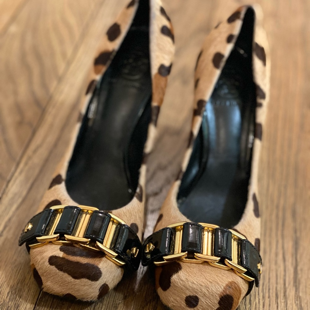 Tory Burch pony hair leopard block patent leather heel pump